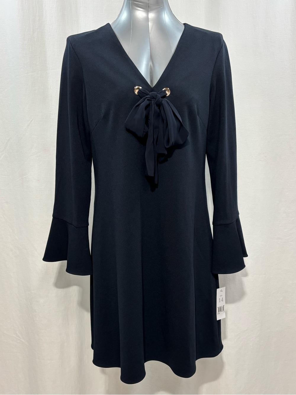 NWT Donna Morgan Navy Blue V-Neck Shift Dress Bell Sleeve Tie Detail Size 14